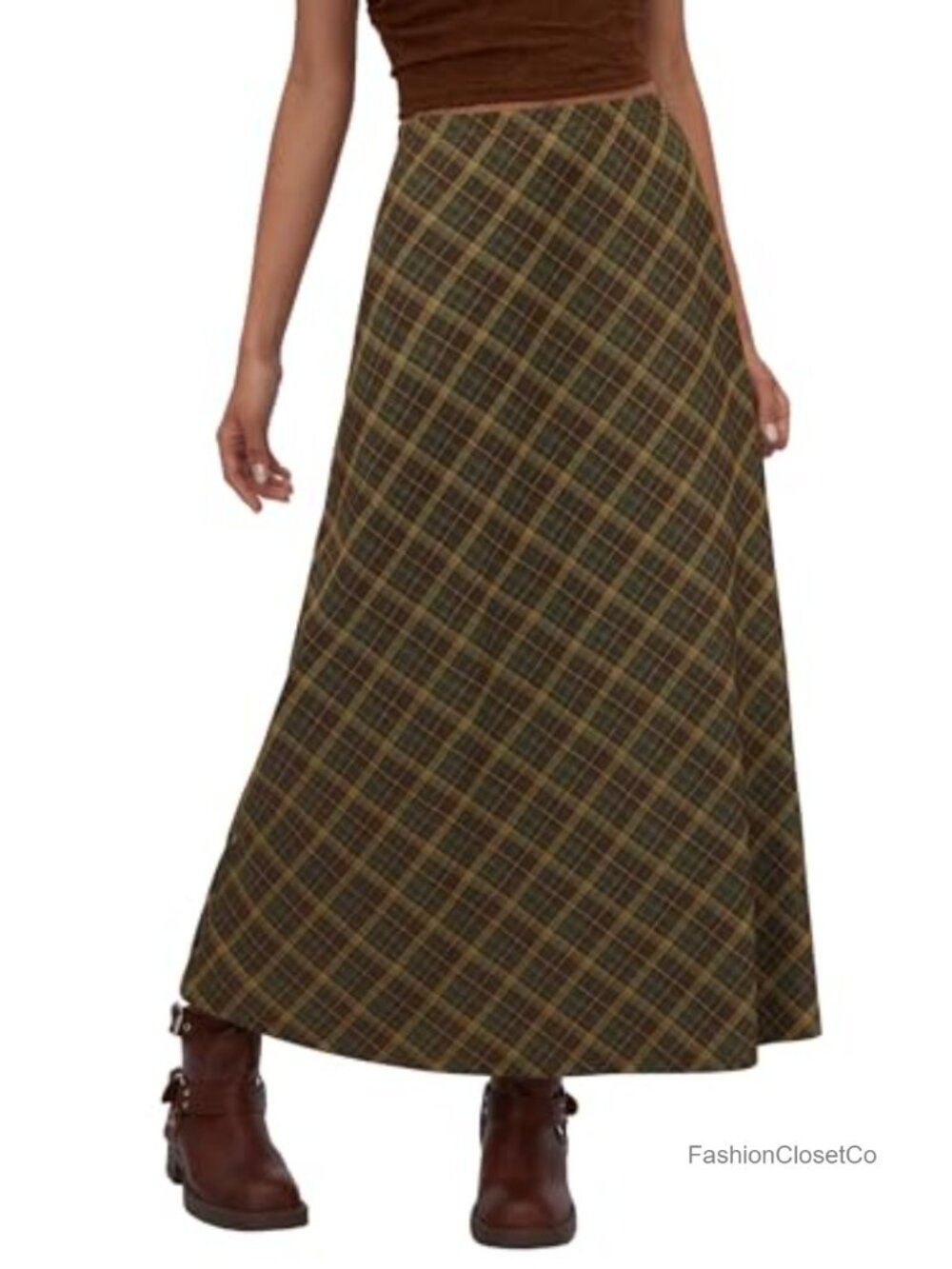 Plaid Maxi Skirt A-Line Pleated High Rise Fall Vintage